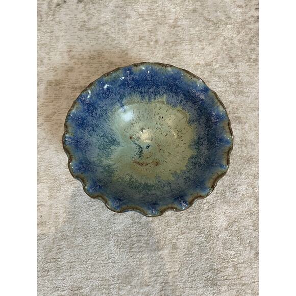 Beautiful Handmade Amber Blue Pottery Bowl Scalloped Edge - Picture 1 of 6